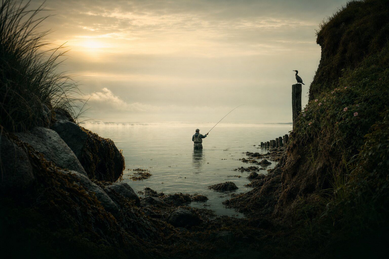 Angler in Wathose wirft an einem nebligen Morgen an der Ostseeküste die Spinnrute aus