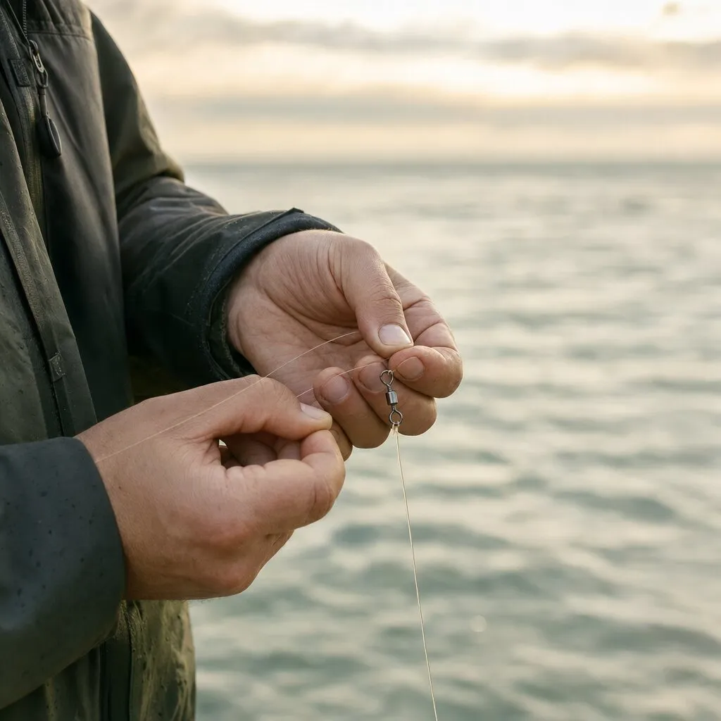 Hände binden ein Vorfach an einen Wirbel, im Hintergrund die Ostsee